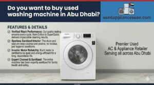 Front view of a used front-load washing machine, for sale in Abu Dhabi.