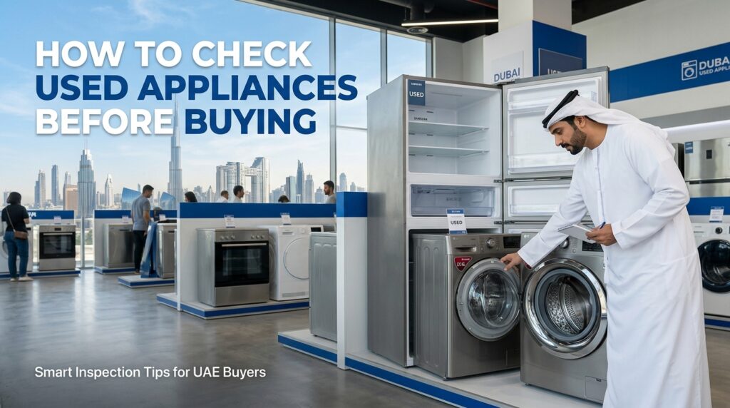 Customer inspecting used refrigerator and washing machine before buying in Dubai appliance store