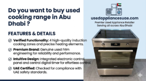 Front view of a used freestanding cooking range with a black ceramic hob, available in Abu Dhabi.