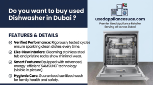 Open view of a used stainless steel dishwasher, for sale in Dubai.