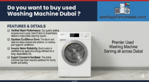 Front view of a used front-load washing machine, for sale in Dubai.