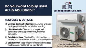 Front view of a used split AC unit with outdoor compressor, for sale in Abu Dhabi.