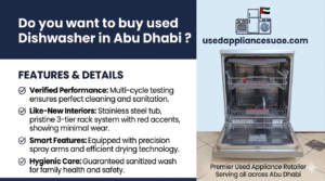 Open view of a used stainless steel dishwasher, for sale in Abu Dhabi.