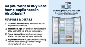 Front view of a used double-door refrigerator or fridge, available for sale in Abu Dhabi.