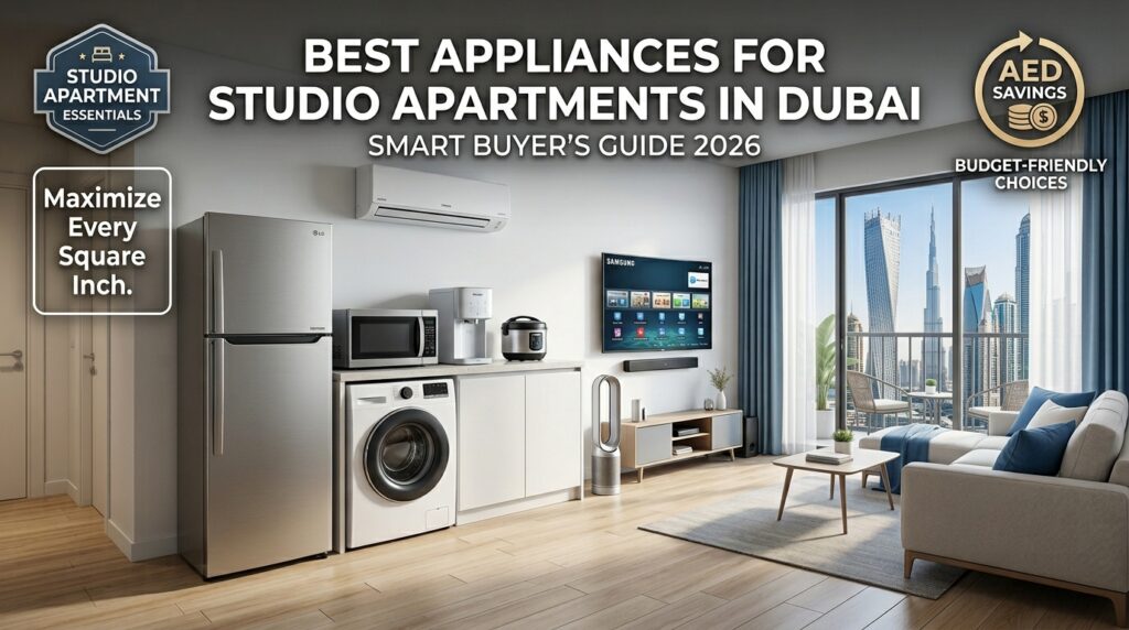 Best Appliances for Studio Apartments in Dubai featuring a compact refrigerator, washing machine, split air conditioner, smart TV, microwave oven, and other space-saving appliances in a modern Dubai studio apartment.