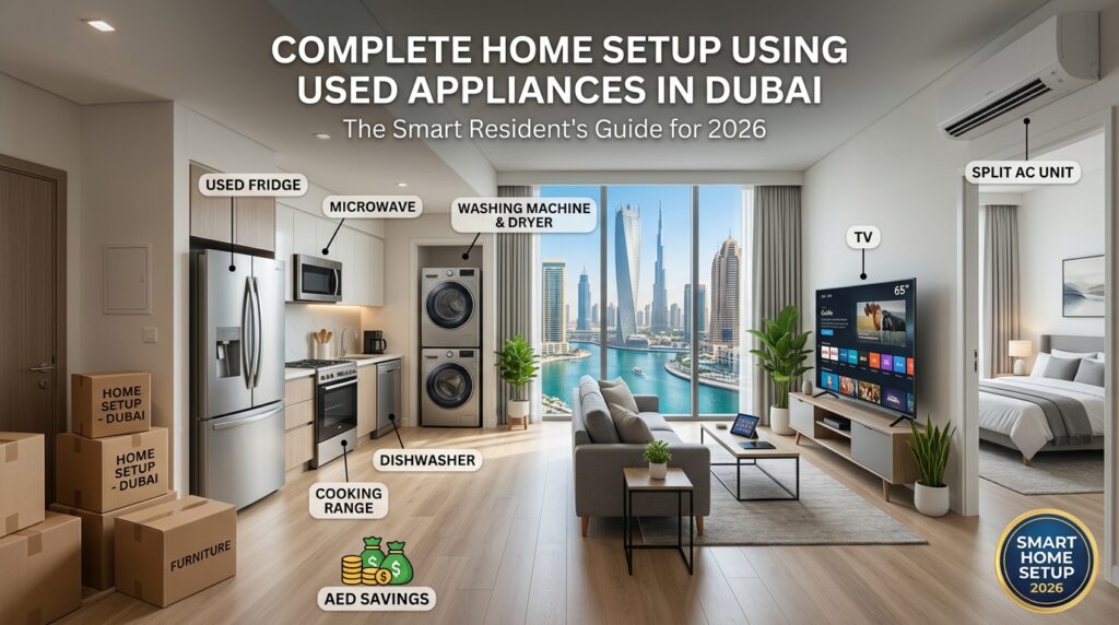 Complete Home Setup Using Used Appliances in Dubai featuring a refrigerator, washing machine, air conditioner, smart TV, dishwasher, and other essential household appliances in a modern Dubai apartment.