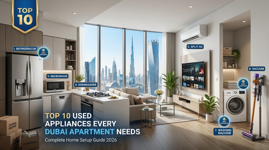 Top 10 Used Appliances Every Dubai Apartment Needs including a refrigerator, washing machine, split air conditioner, smart TV, microwave, vacuum cleaner, and other essential household appliances in a modern Dubai apartment.