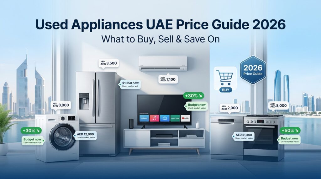 Used Appliances UAE Price Guide 2026 showing second-hand refrigerators, washing machines, air conditioners, TVs and other affordable home appliances in Dubai and Abu Dhabi with AED price and savings indicators.