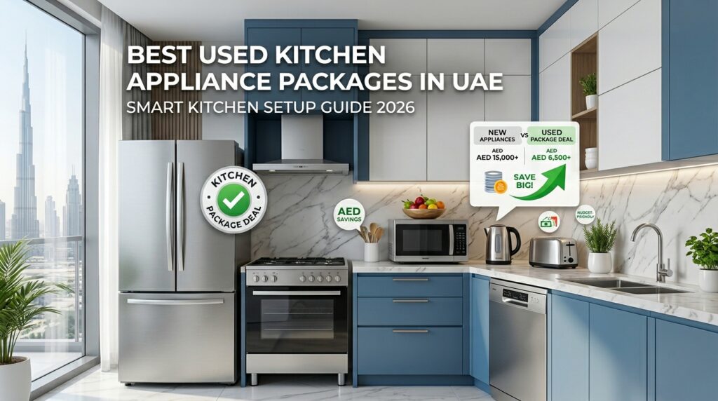 Best Used Kitchen Packages in UAE featuring a refrigerator, cooking range, microwave oven, dishwasher, extractor hood, and other essential kitchen appliances in a modern Dubai apartment kitchen.